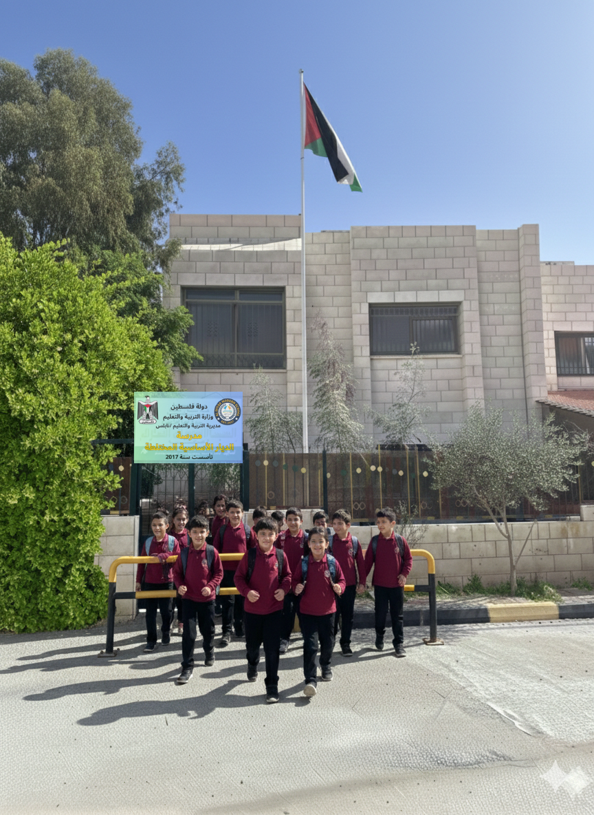 طلاب مدرسة الديار الحديثة أمام المبنى